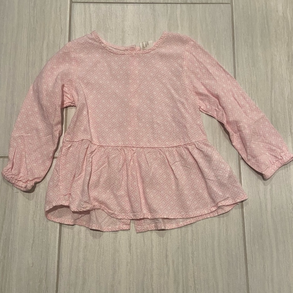 H&M baby girl pink & white print long sleeve blouse button down size 9-12M EUC